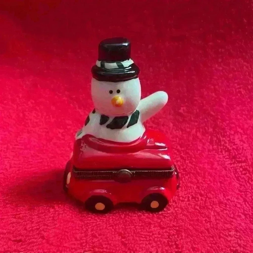 Two Vintage Christmas Porcelain Hinged Trinket Boxes Snowman and Sleigh NIB